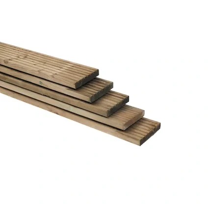 Grenen geprofileerd vlonderplank, 1 zijde grof profiel 1 zijde glad, 2,8 x 14,5 x 300 cm, groen geïmpregneerd